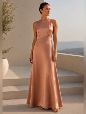 Sachin & Babi Satin Peach Maxi Dress Gown Tank High Neck Size 16 A Line